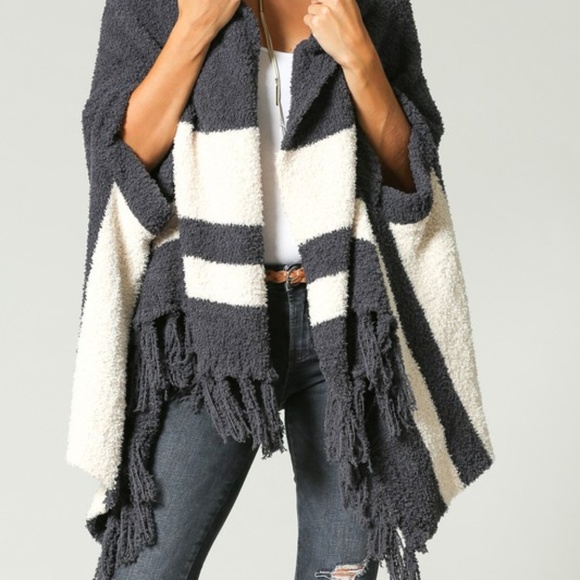 LAST ONE Fringe & Bold Stripe, Open Poncho Shawl - Picture 4 of 7
